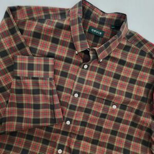 Orvis brown red plaid long sleeve button front‎ shirt mens size XL